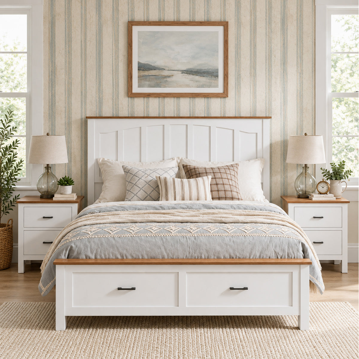 LEGAHOME Full Bed Frame for 800lbs Weight Capacity, Wood Platform Bed Frame with Headboard and Wood Slats Support, No Box Spring Needed, Brown and White