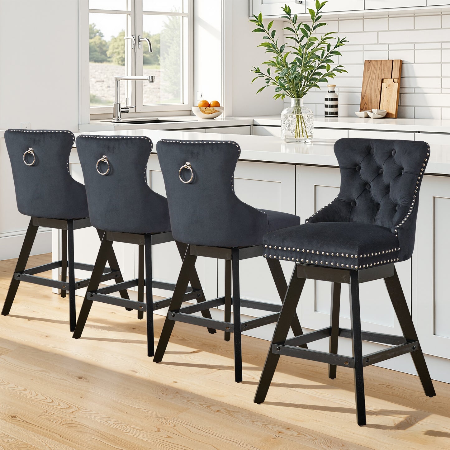 Swivel Bar Stools of 4, LEGAHOME 26"H Counter Height Swivel Barstools with Tufted Back, Velvet Upholstered Kitchen Barstool Chair for Island with Solid Wood Legs, Black (Set of 4)