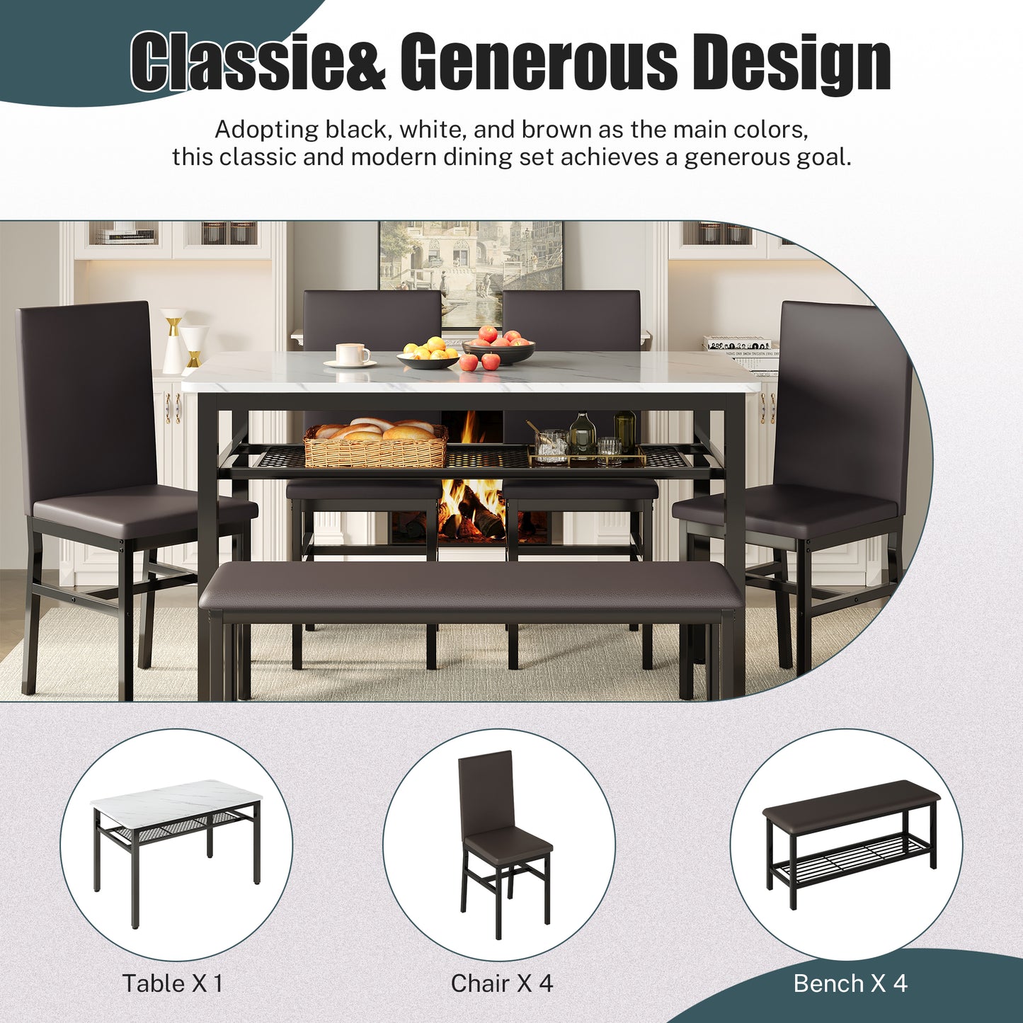 Dining Table Set for 6, Modern Faux Marble Dining Room Table Sets with 4 Leatherette Chairs&1 Bench, Rectangular Kitchen Table and Chairs Set for Apartment, Space Saves Gray Table and Leather Chairs