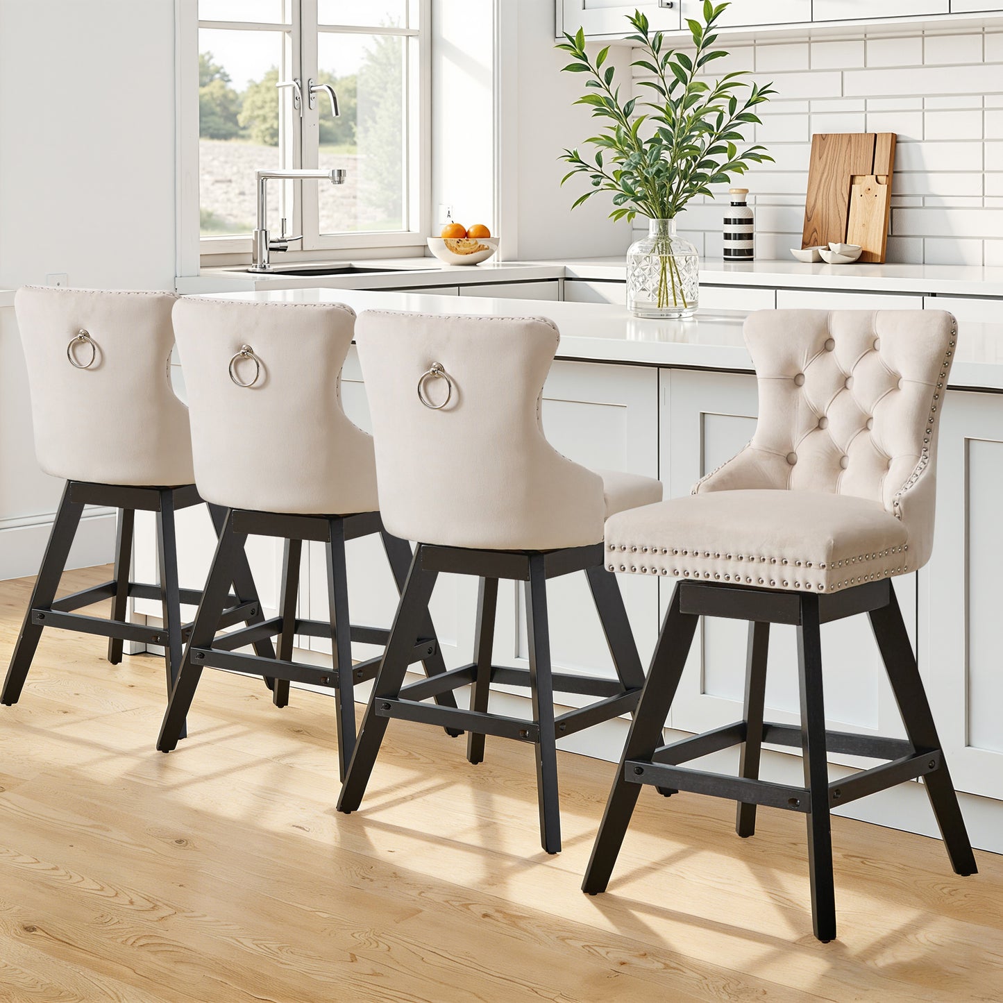 Swivel Bar Stools of 4, LEGAHOME 26"H Counter Height Swivel Barstools with Tufted Back, Velvet Upholstered Kitchen Barstool Chair for Island with Solid Wood Legs, Black (Set of 4)