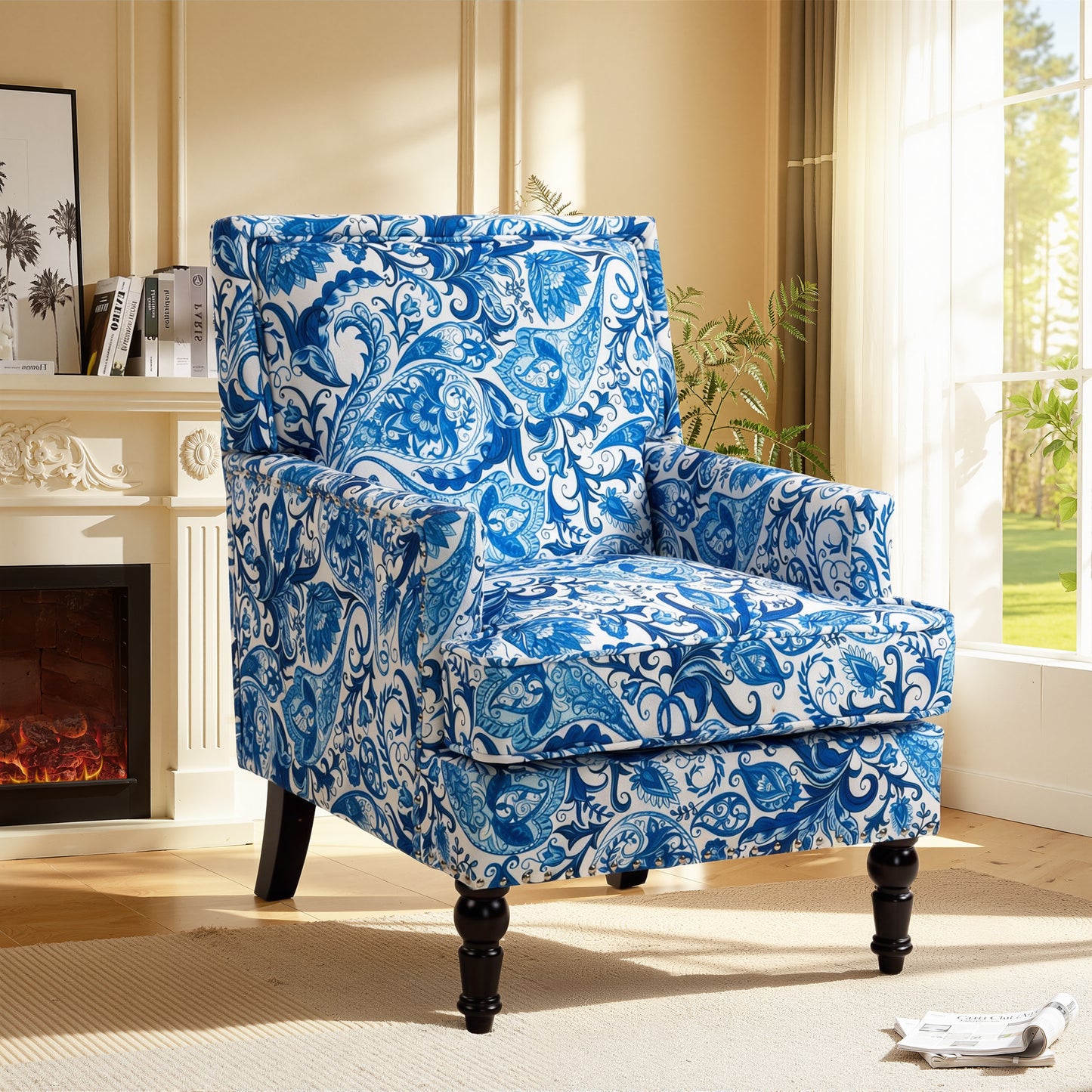 LEGAHOME Vintage Accent Chair, Upholstered Armchair with Nailhead Trim, Linen Fabric Arm Chair Comfort Reading Chair Lounge Chair for Living Room Bedroom Sunroom, Blue(1PC)