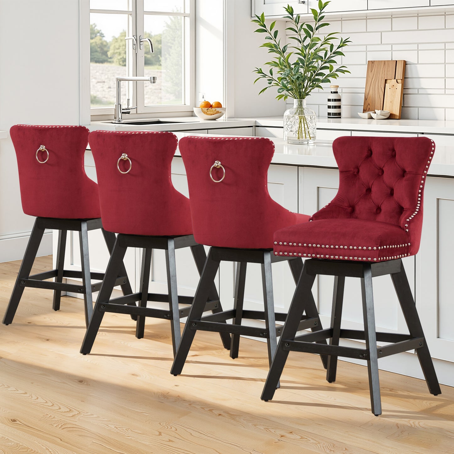 Swivel Bar Stools of 4, LEGAHOME 26"H Counter Height Swivel Barstools with Tufted Back, Velvet Upholstered Kitchen Barstool Chair for Island with Solid Wood Legs, Black (Set of 4)