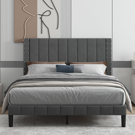 Queen Bed Frame, Legahome Queen Size Gray Upholstered Bed with Headboard, Fabric Upholstered Platform Bed Frame, No Box Spring Needed, Gray