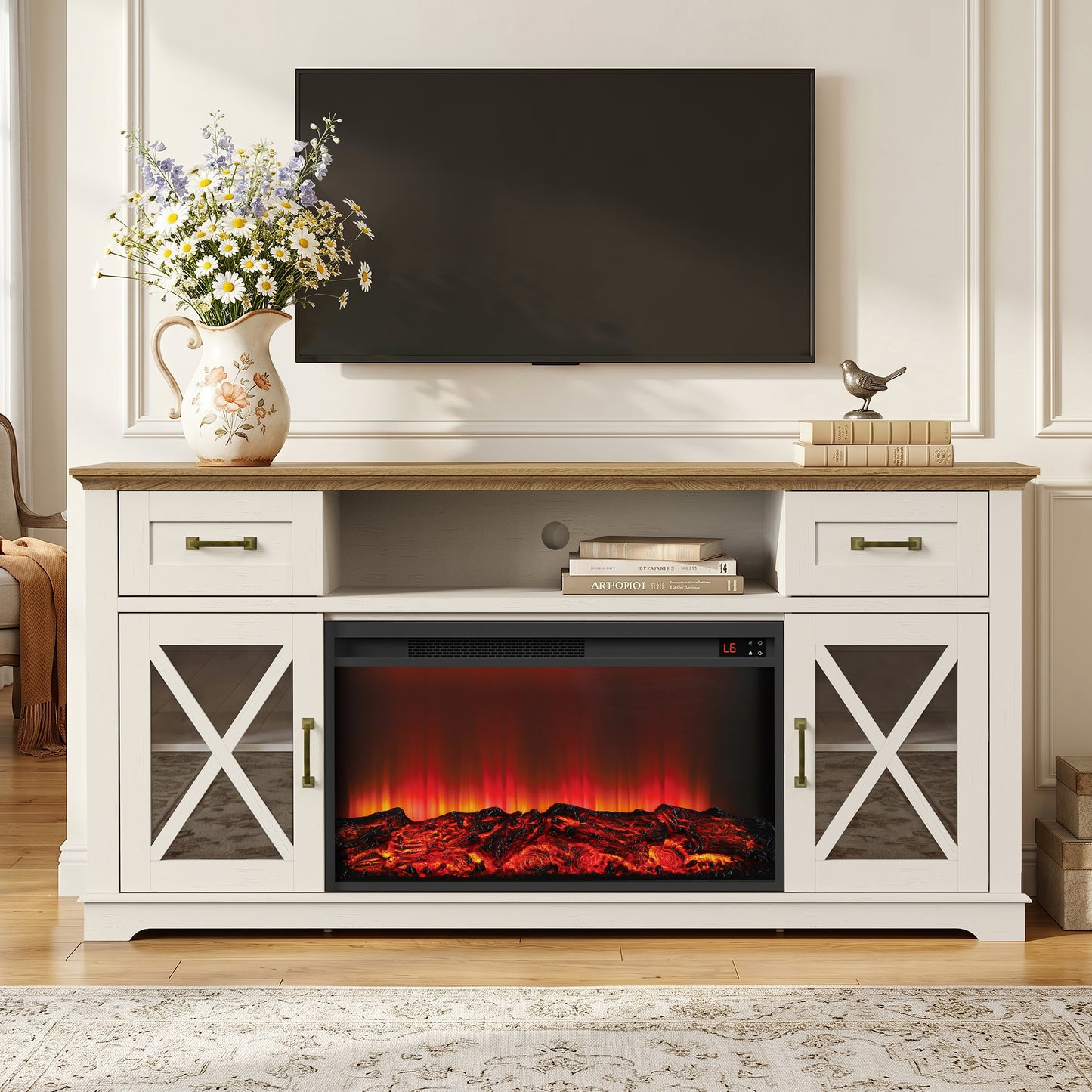 Fireplace TV Stand for 70inch TVs, LEGAHOME Modern 63" TV Stand with 30" Fireplace, Entertainment Center with Storage Drawers, Brown Tabletop and White Cabinet