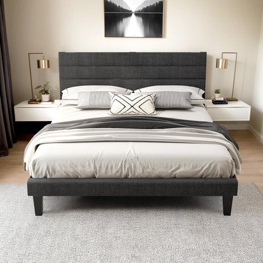 Queen Bed with Adjustable Headboard, LEGAHOME Queen Size Linen Upholstered Platform Bed Frame with 800lbs Support, No Box Spring Needed, Wood Slat Support, Noise Free, Gray