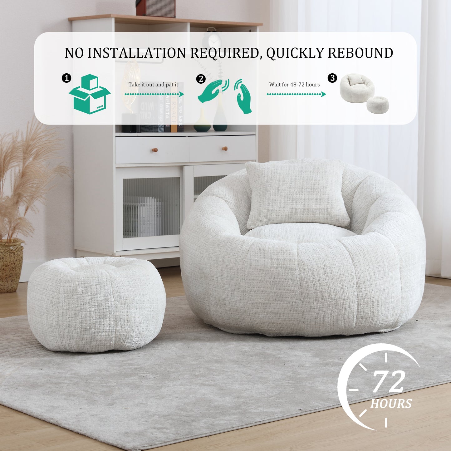 Bean Bag Chair with Ottoman, Legahome Large Bean Bag for Adult, Chenille Lazy Floor Sofa with Pillow, Pumpkin Shaped Bean Bag Chair, Reading Chair for Living Room, Bedroom, Beige