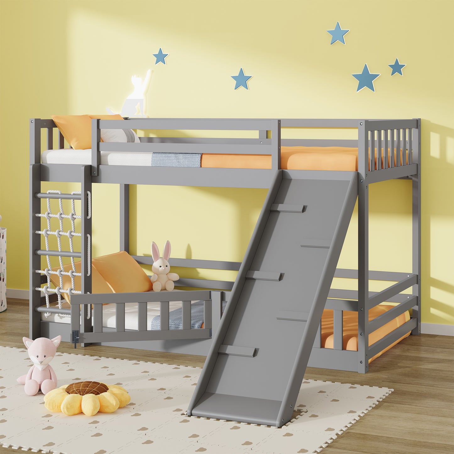 Twin over Twin Bunk Bed with Climbing Nets and Climbing Ramp, Solid Wood Bed Frame with Door Lock, Modern Low Floor Bunk Bed for Kids