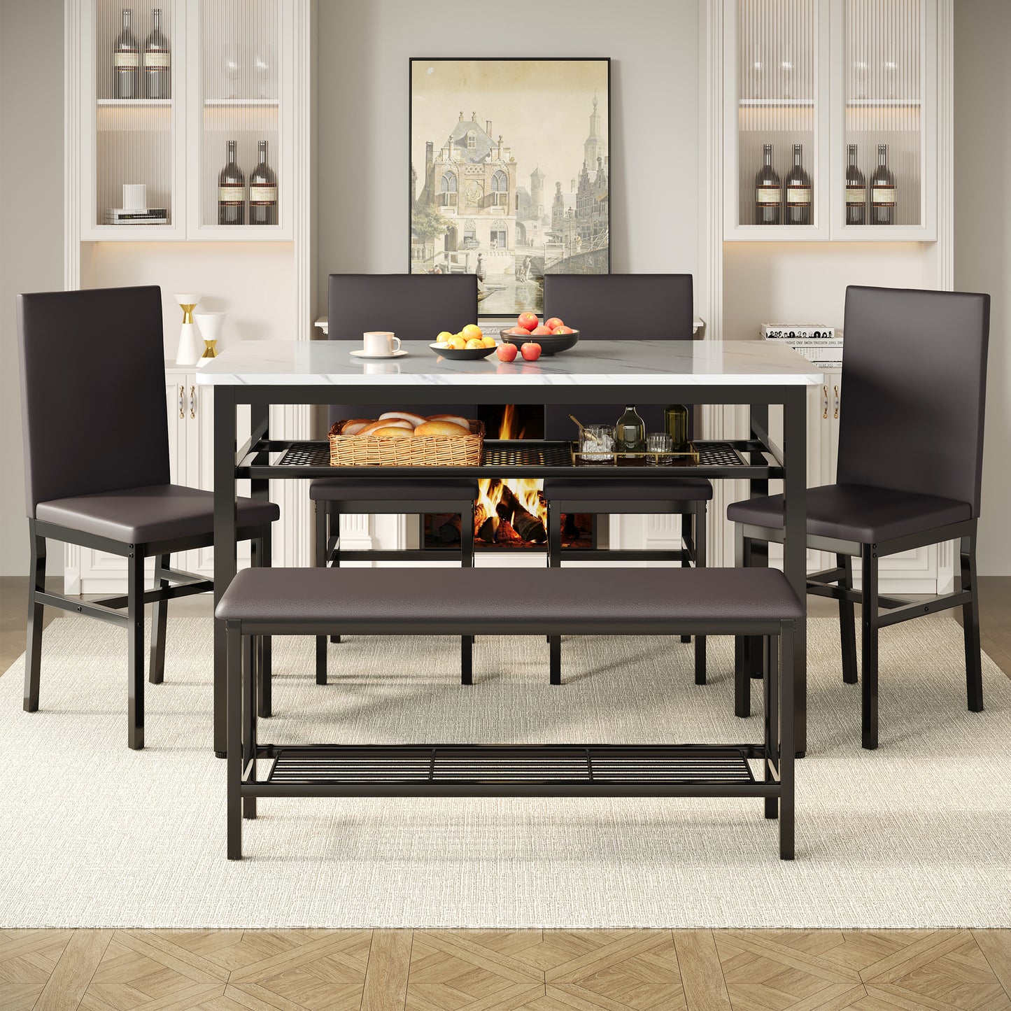 Dining Table Set for 6, Modern Faux Marble Dining Room Table Sets with 4 Leatherette Chairs&1 Bench, Rectangular Kitchen Table and Chairs Set for Apartment, Space Saves Gray Table and Leather Chairs
