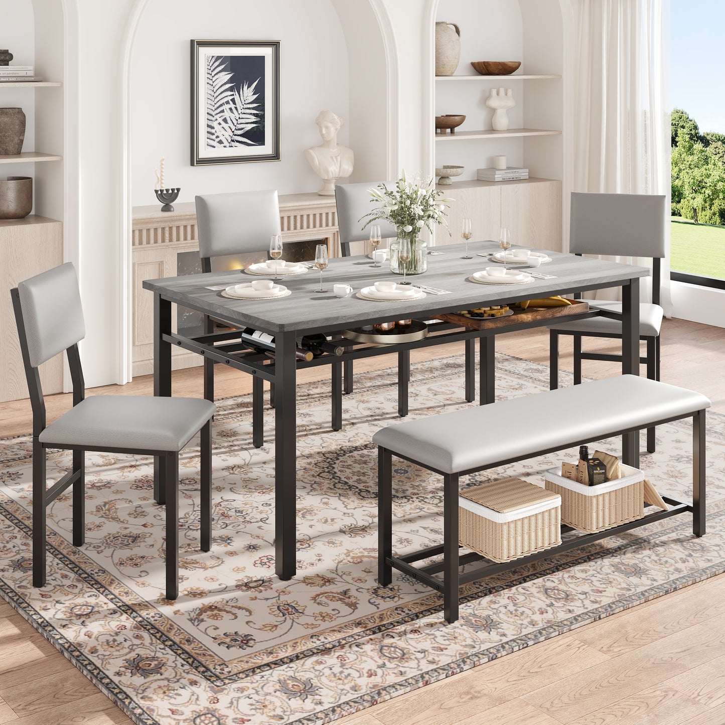 6 Piece Dining Set with Bench, Farmhouse Rectangular Dining Table Set for 6, Solid Wood Dining Room Set with Bench and Chair, Kitchen Furniture Kitchen Dining Set for Home Dinner, White