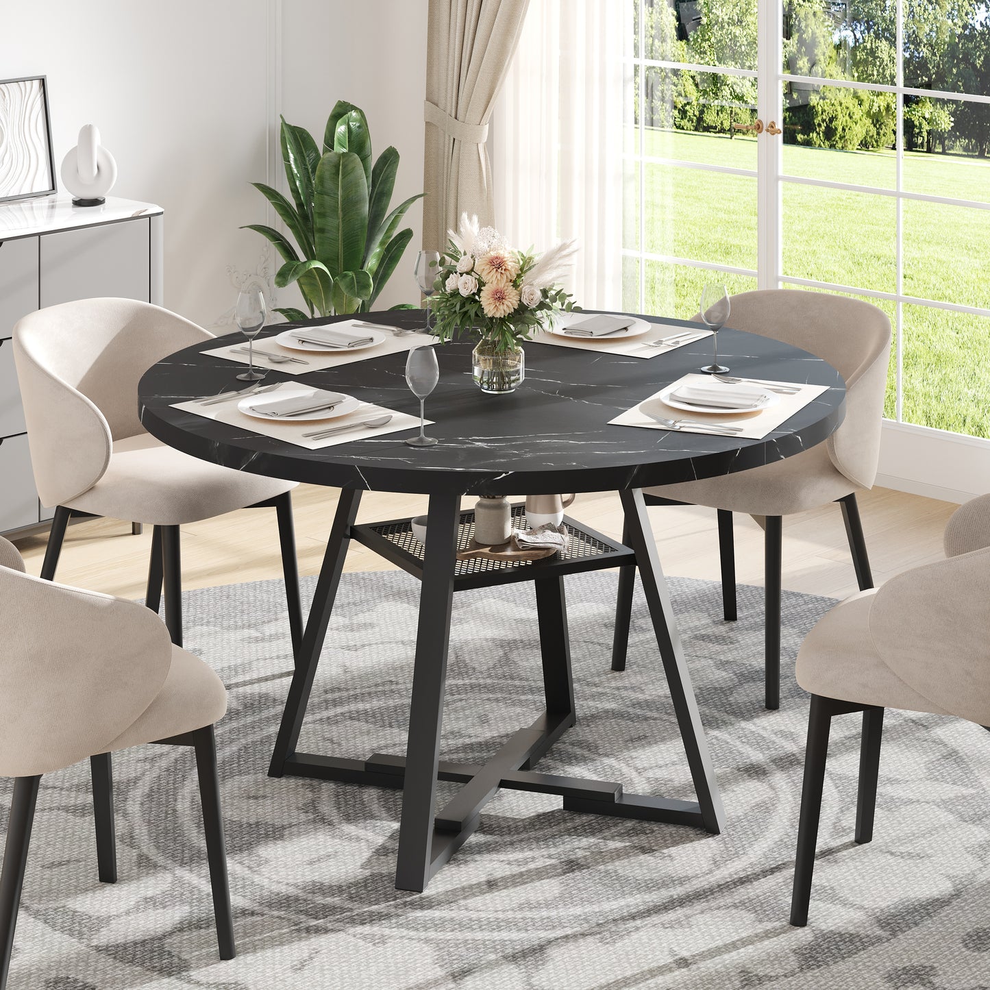 LEAGHOME 43.3in Round Dining Table for 4 Person, Faux Marble Kitchen Table with Metal Base Seats 4, Modern Dining Room Table with Storage Rack for Kitchen, White (Only Table)