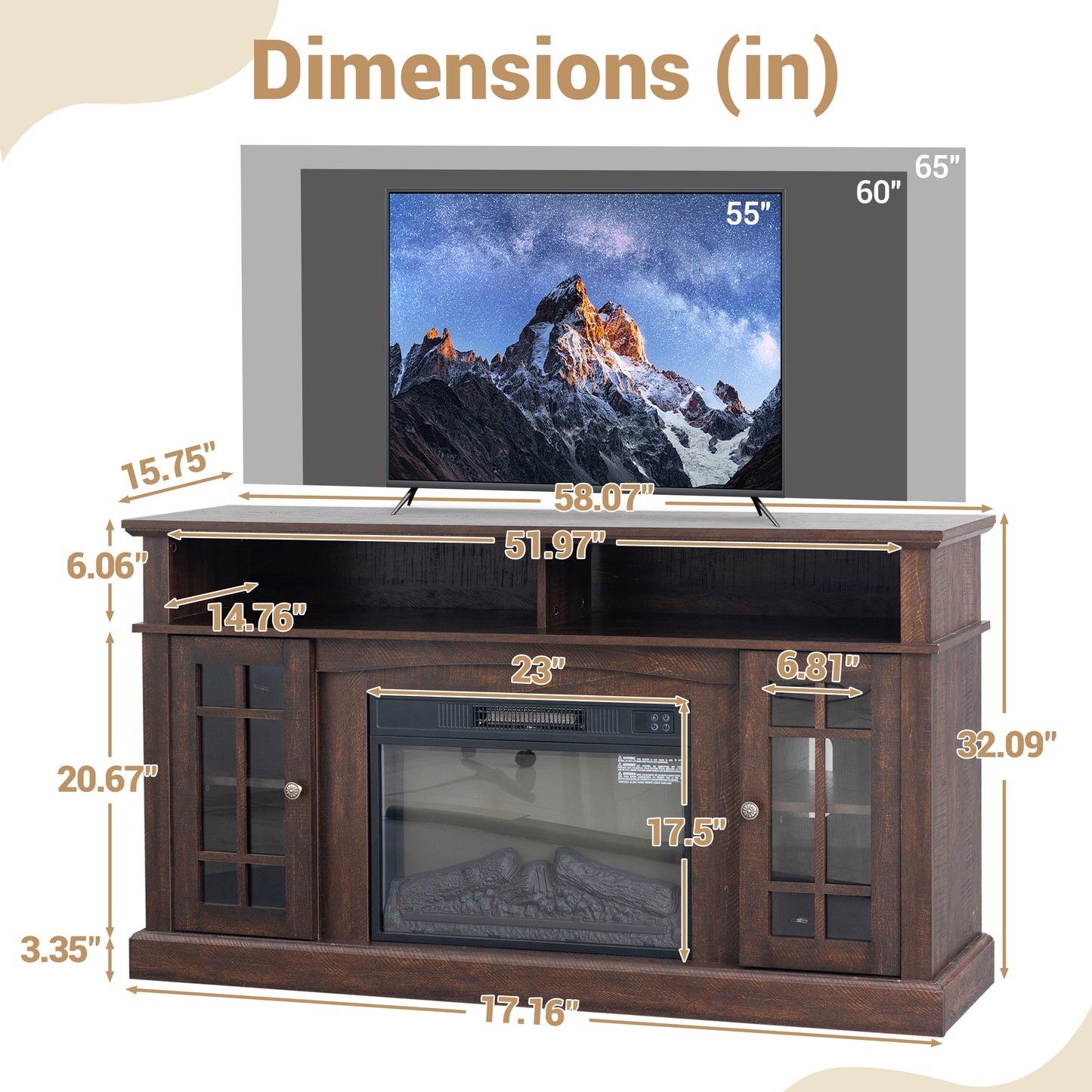 Fireplace TV Stand for 65 inch TVs with LED Lights, LEGAHOME Farmhouse Entertainment Center for TVs with 23in Fireplace, Wooden Living Room Media Console for 400Sqt, 62°F - 82°F Heating Range, Gray