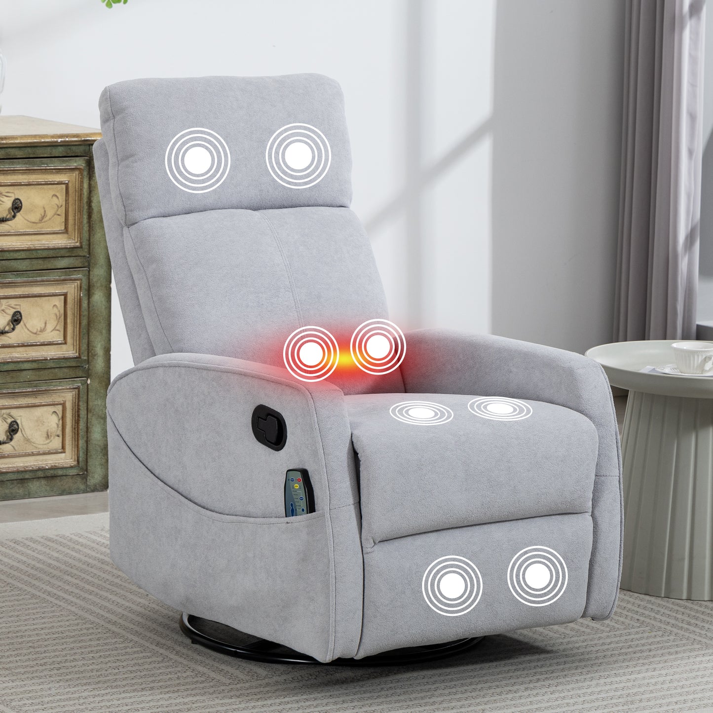 Rocker Recliner with Heat and Massage, Velvet Upholstered 360° Swivel Rocking Recliner, Small Rocker Recliner with Side Pockets for Small Space, Rocking Chair for Nursery Home Theater