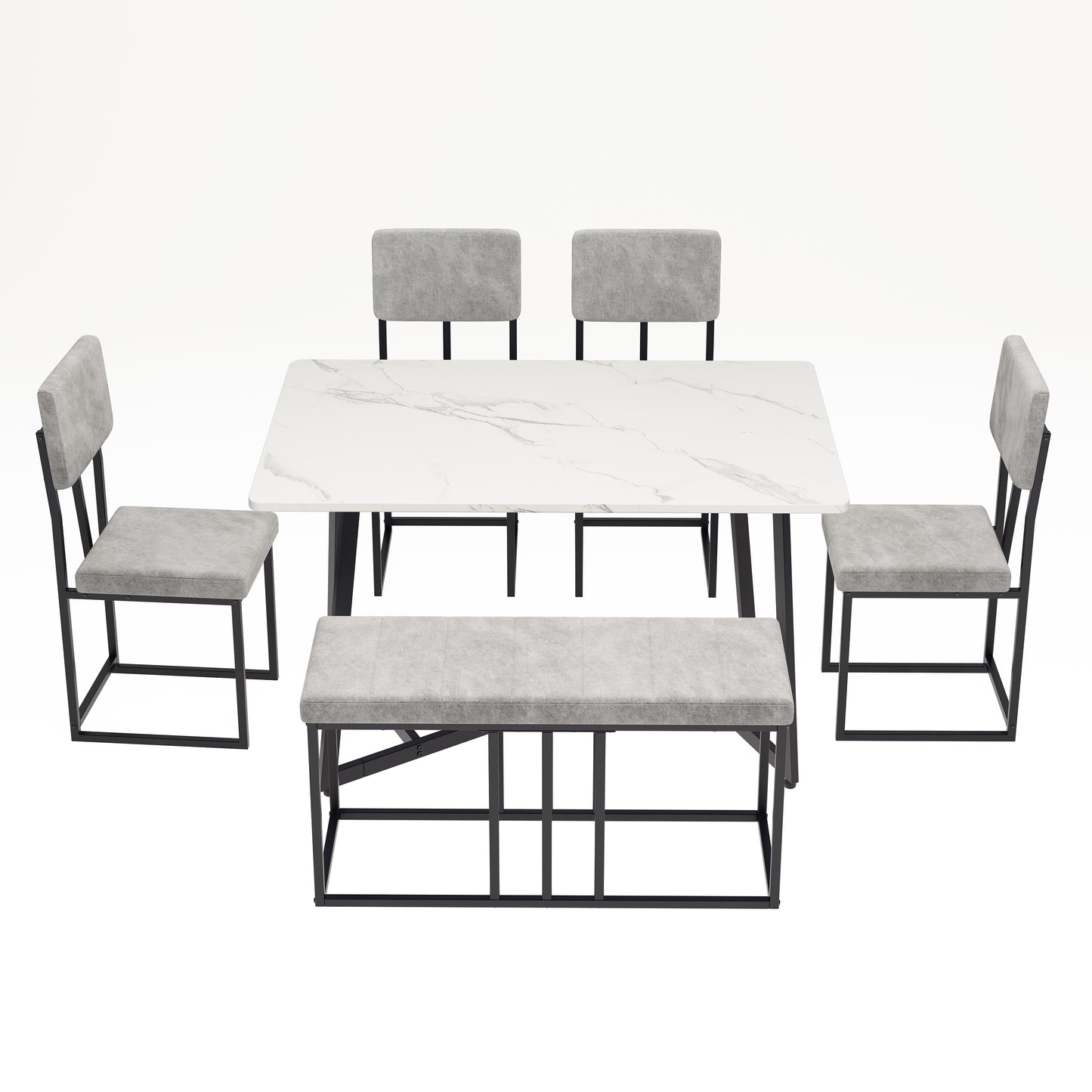 Dining Table Set for 6, Modern Faux Marble Dining Room Table Sets with 4 Leatherette Chairs&1 Bench, Rectangular Kitchen Table and Chairs Set for Apartment, Space Saves White Table and Velvet Chairs