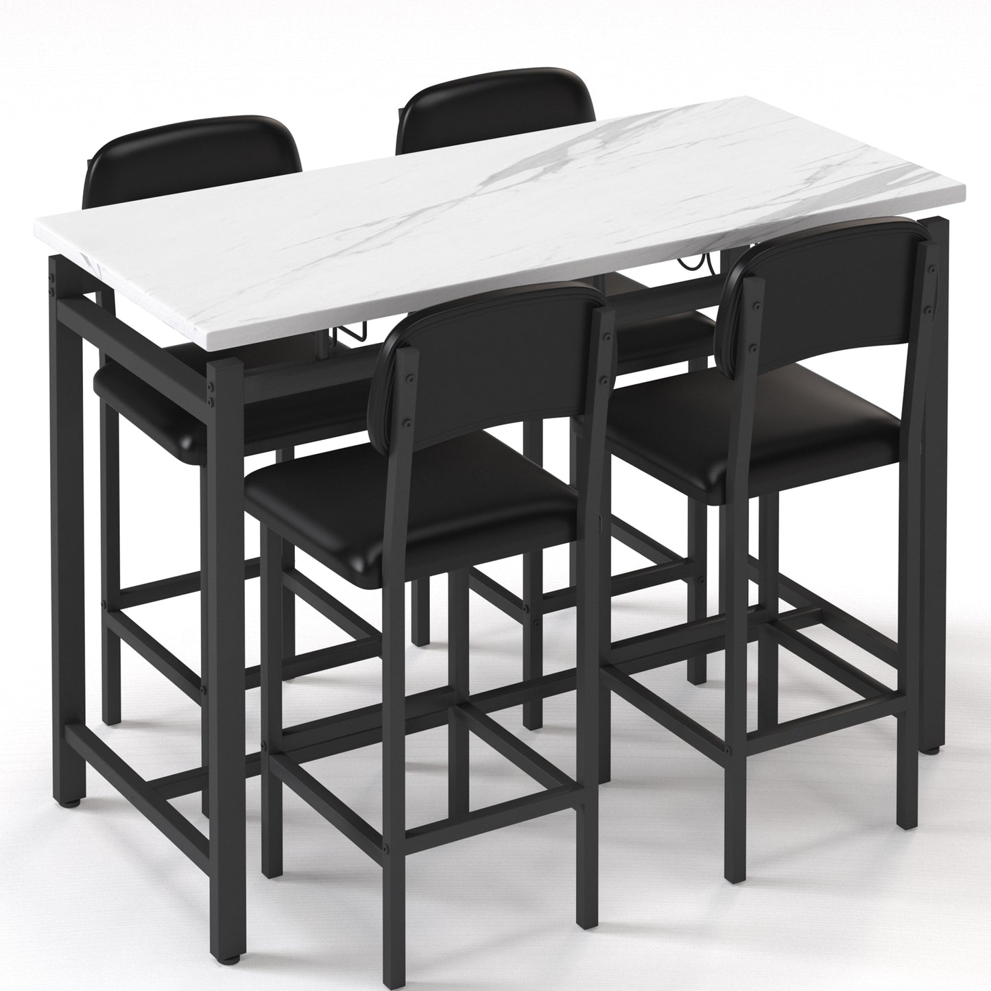 Dining Table Set for 4, Counter Height Kitchen Table Set with Chairs for 4, 5 Piece Bar Table and Stools Set, Modern Dining Room Set with Wine Rack, Faux Marble Table and PU Leather Chair, Gray