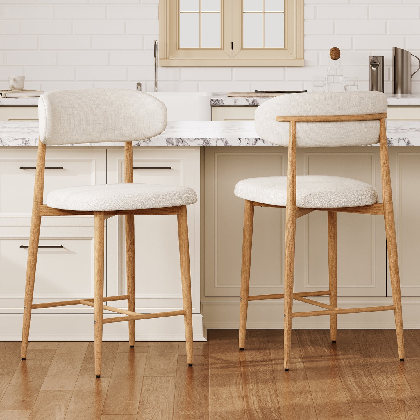 Bar Stool Set of 2, Legahome 26" Counter Height Bar Stool, Modern Farmhouse Upholstered Bar Stool with Curved Back & Wood-Grain Metal Legs for Kitchen Island Dining Room