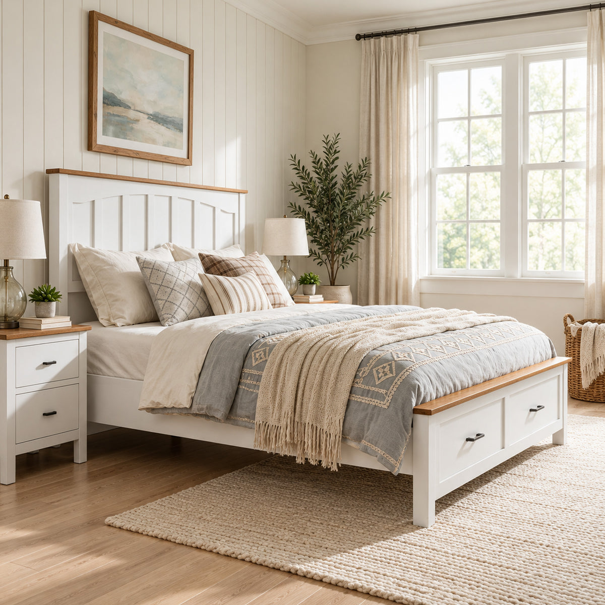 LEGAHOME Full Bed Frame for 800lbs Weight Capacity, Wood Platform Bed Frame with Headboard and Wood Slats Support, No Box Spring Needed, Brown and White