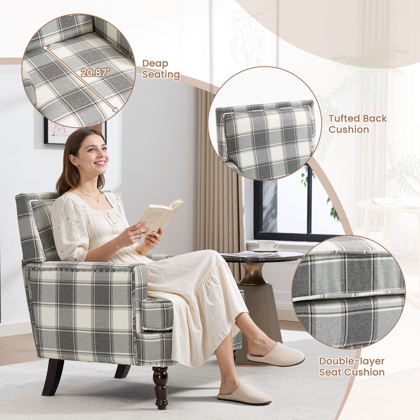 LEGAHOME Vintage Accent Chair, Upholstered Armchair with Nailhead Trim, Linen Fabric Arm Chair Comfort Reading Chair Lounge Chair for Living Room Bedroom Sunroom, Blue(1PC)