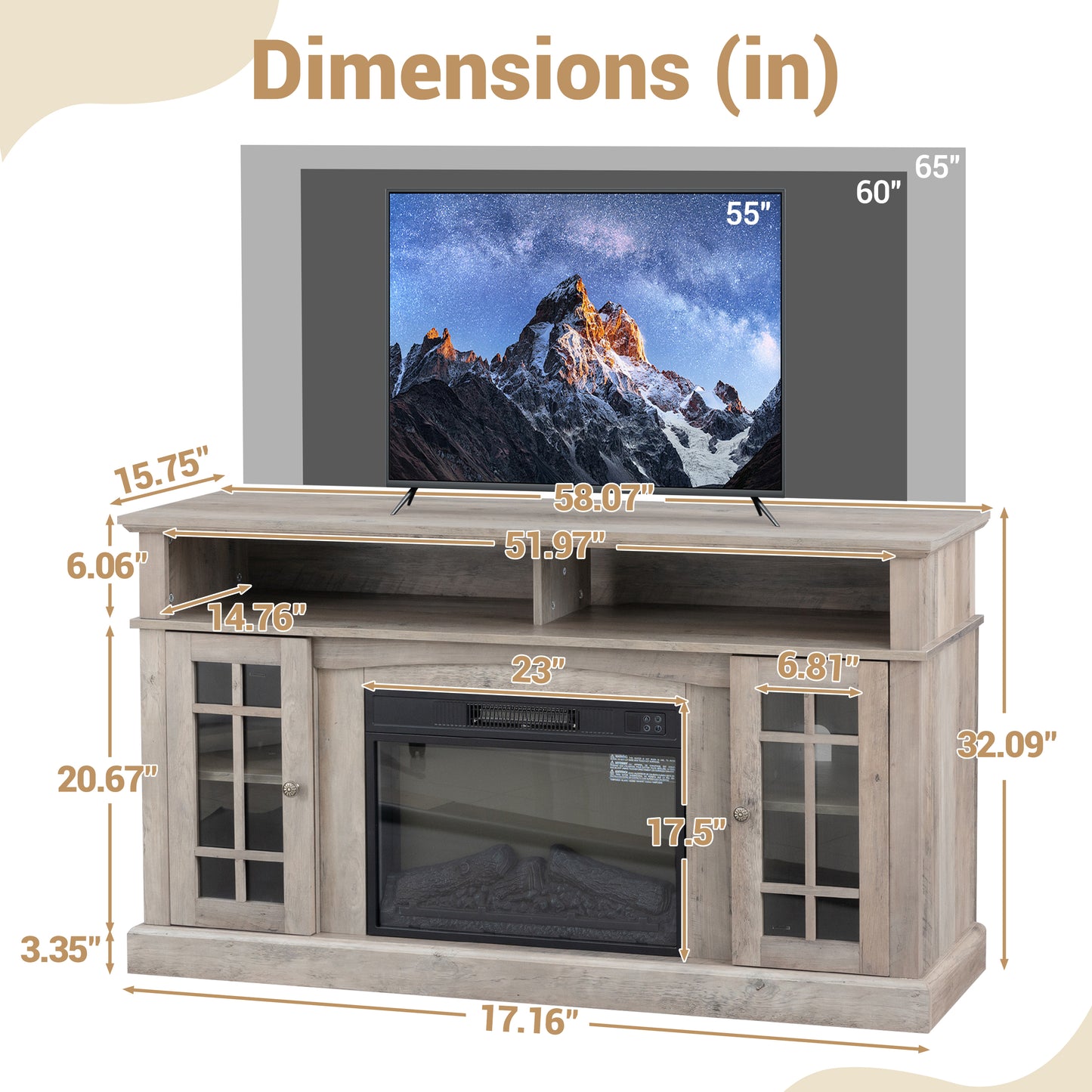 Fireplace TV Stand for 65 inch TVs with LED Lights, LEGAHOME Farmhouse Entertainment Center for TVs with 23in Fireplace, Wooden Living Room Media Console for 400Sqt, 62°F - 82°F Heating Range, Gray