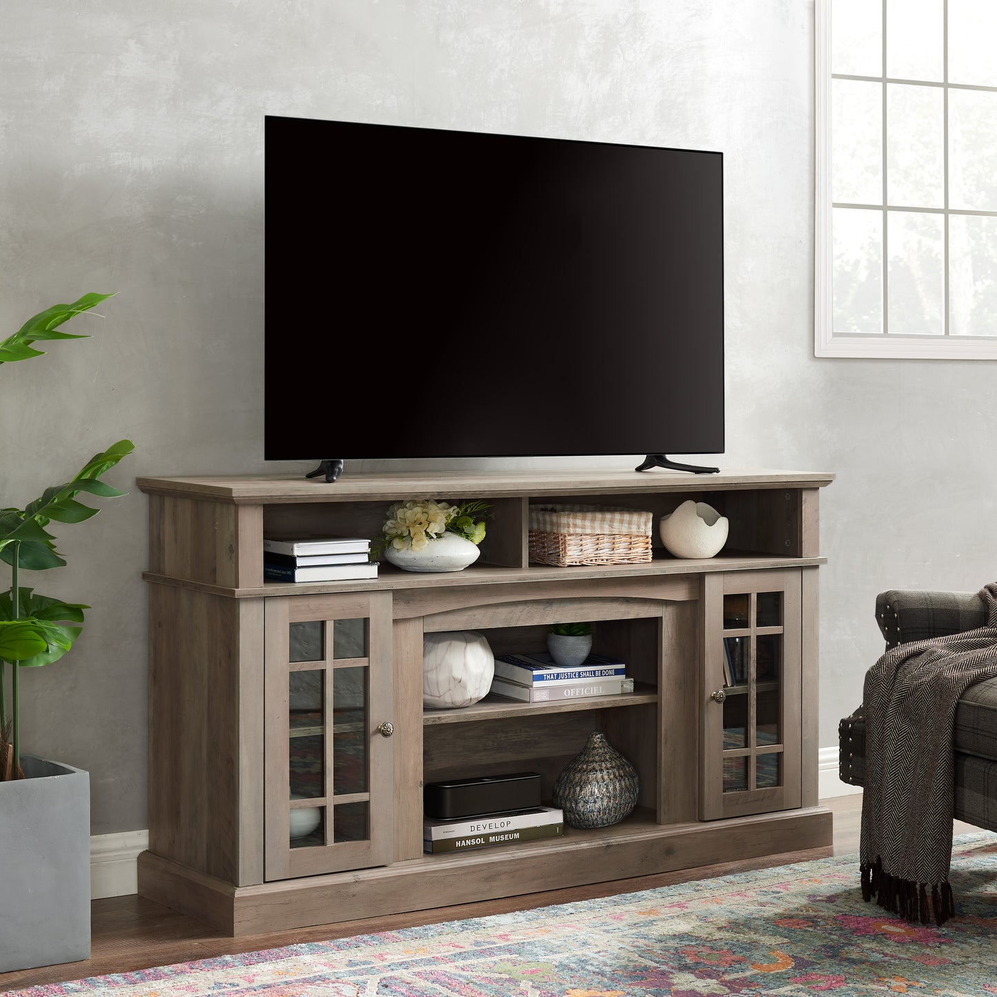LegaHome Farmhouse TV Stand, Modern Entertainment Door TV Cabinet for 65 Inch TV, Wooden TV Console Table with Open and Closed Storage Space, Media Console Table for Living Room, Gray Wash