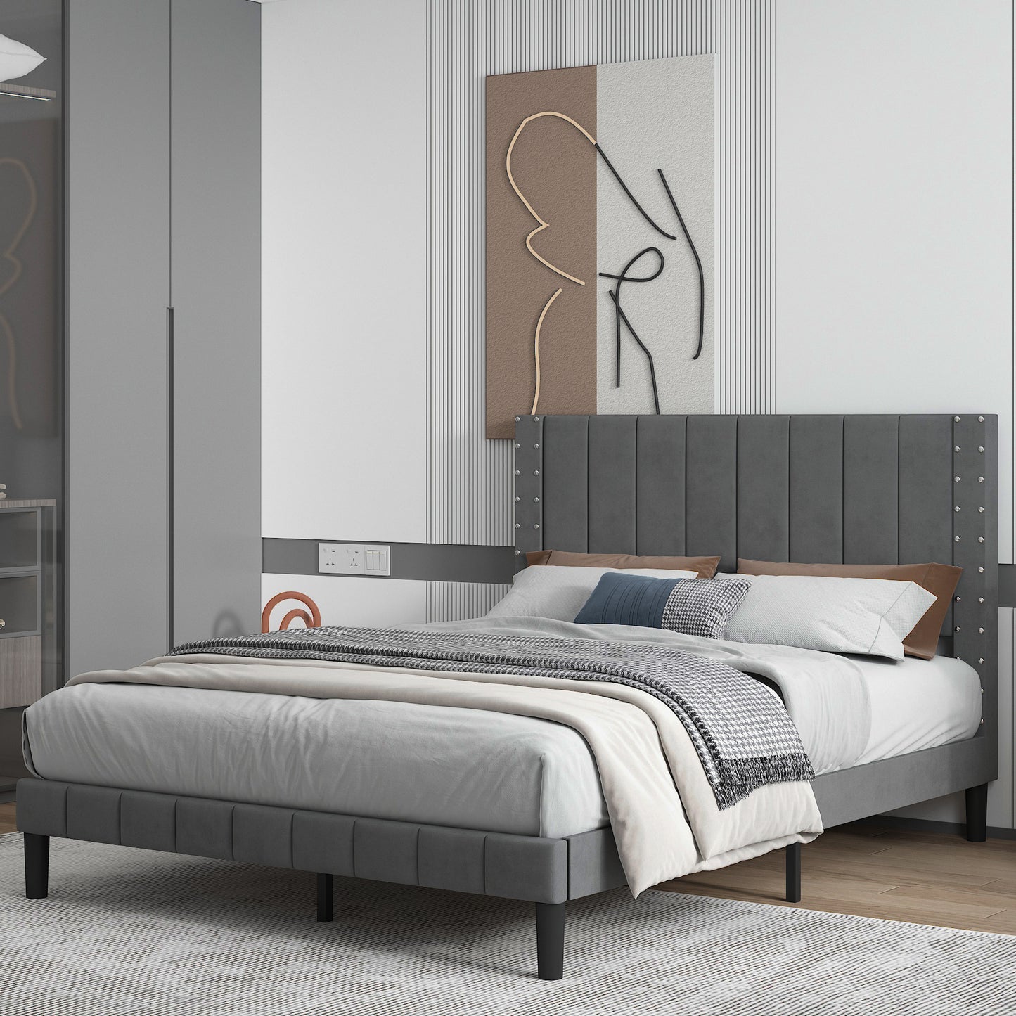 Queen Bed Frame, Legahome Queen Size Gray Upholstered Bed with Headboard, Fabric Upholstered Platform Bed Frame, No Box Spring Needed, Gray