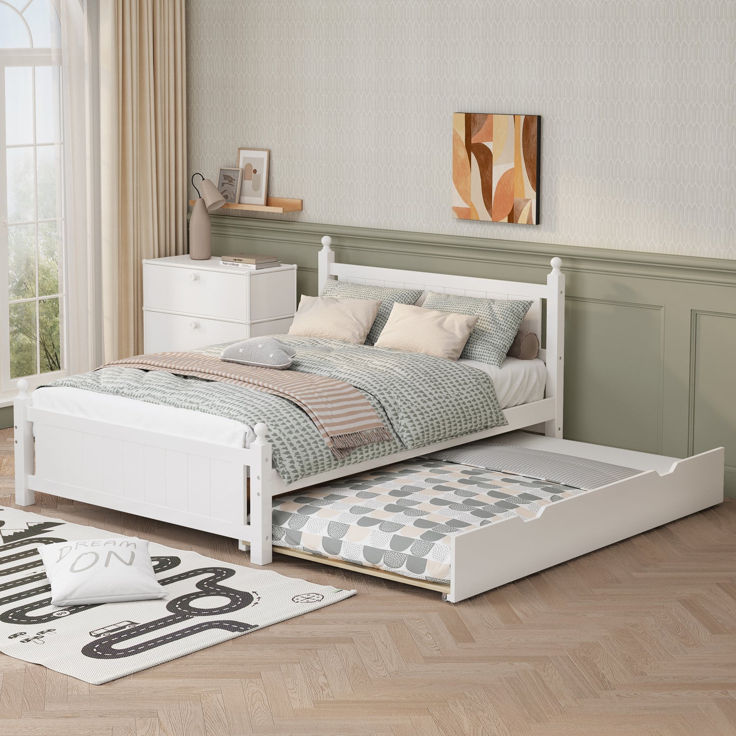 BTMWAY Full Size Platform Bed with Twin Size Trundle, Solid Wood Bed Frame with Headboard, No Box Spring Needed, Modern Full Size Daybed with Trundle Included, Gray