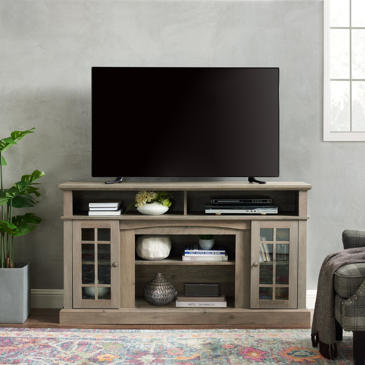 LegaHome Farmhouse TV Stand, Modern Entertainment Door TV Cabinet for 65 Inch TV, Wooden TV Console Table with Open and Closed Storage Space, Media Console Table for Living Room, Gray Wash
