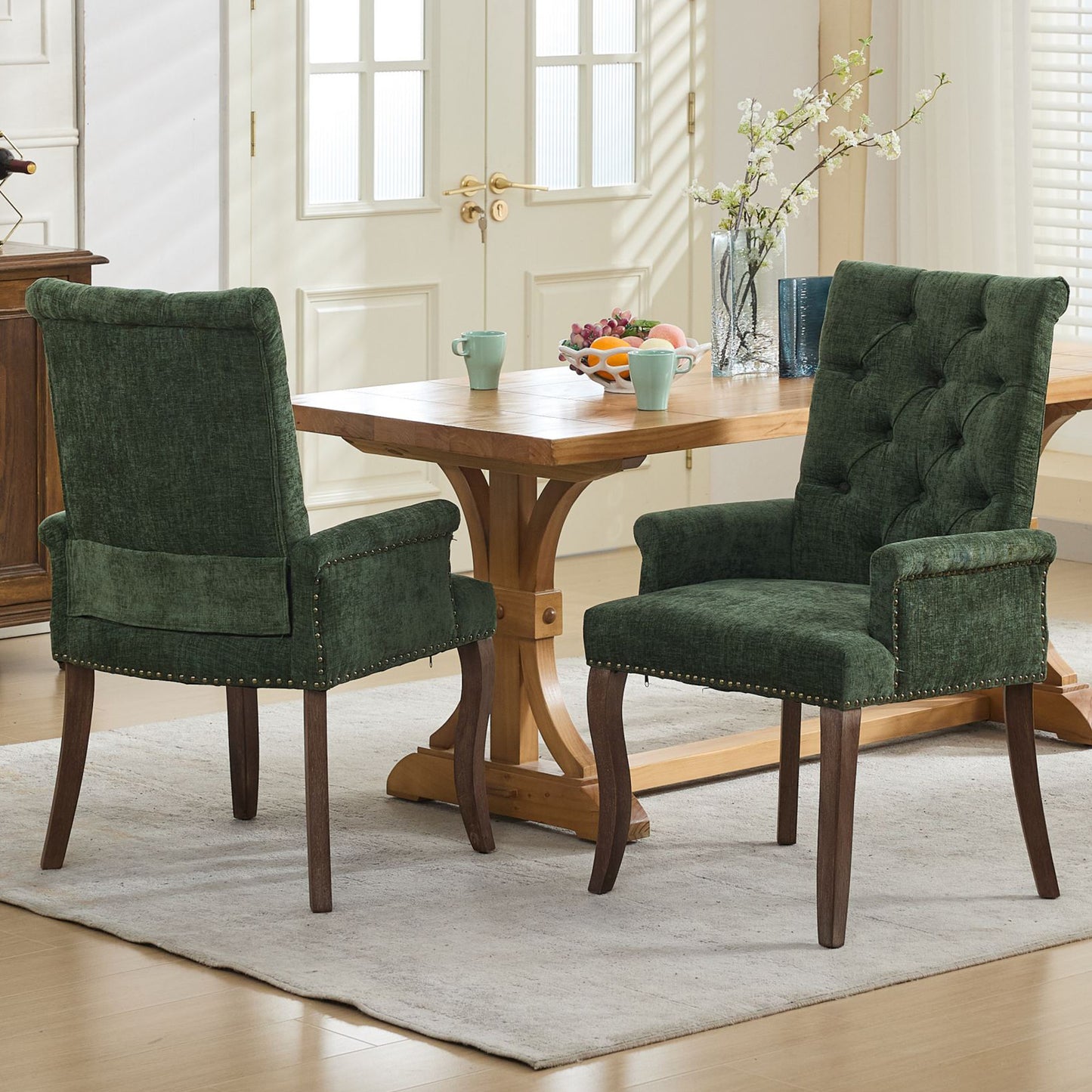 Dining Chair Set of 2, Legahome Mid Century Accent Chairs with Button Tufted & Curved Wooden Legs, Chenille Upholstered Arm Chair Accent Chair, Kitchen & Dining Room Chairs Set, Beige