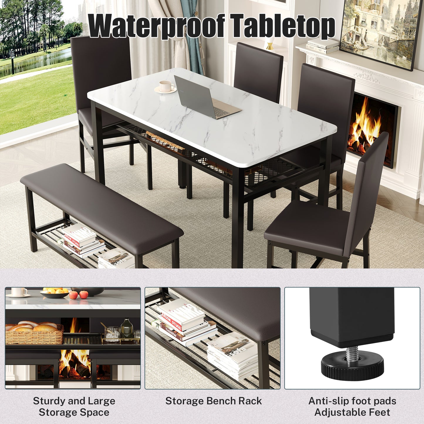 Legahome Dining Table Set for 6, Modern 6 Piece Dining Room Set with Bench, Kitchen Table and Chairs Set for Breakfast Nook with PU Leather Upholstered Chairs, Brown