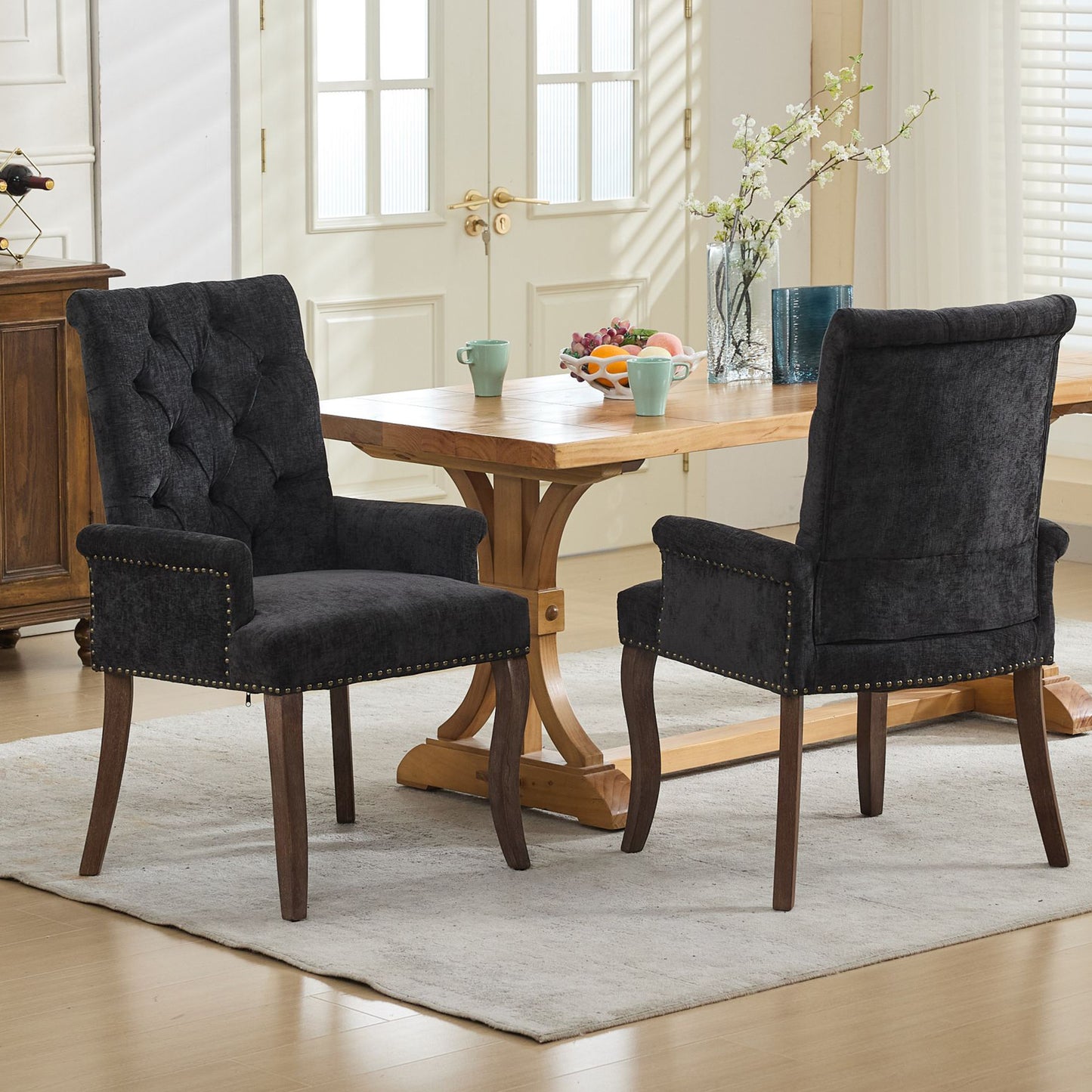 Dining Chair Set of 2, Legahome Mid Century Accent Chairs with Button Tufted & Curved Wooden Legs, Chenille Upholstered Arm Chair Accent Chair, Kitchen & Dining Room Chairs Set, Beige