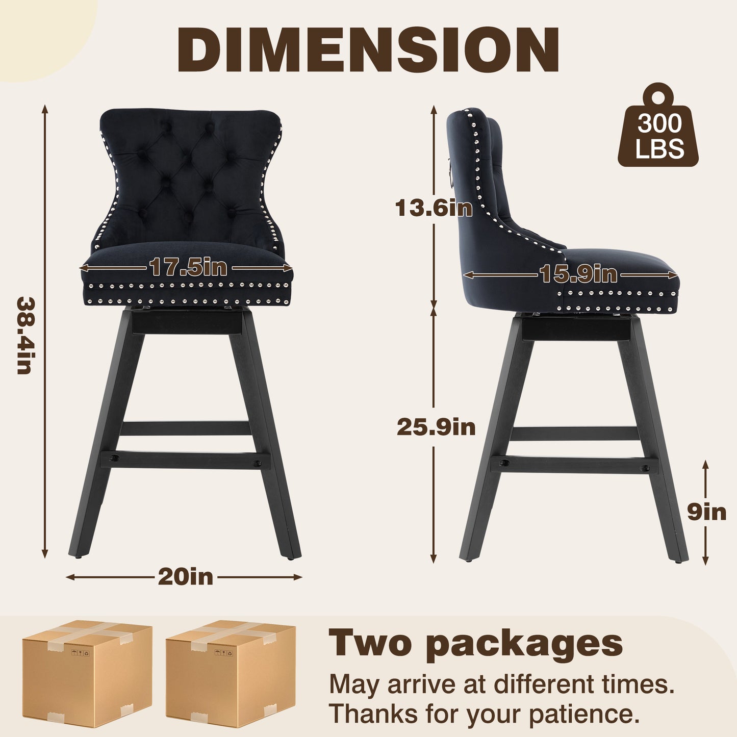 Swivel Bar Stools of 4, LEGAHOME 26"H Counter Height Swivel Barstools with Tufted Back, Velvet Upholstered Kitchen Barstool Chair for Island with Solid Wood Legs, Black (Set of 4)