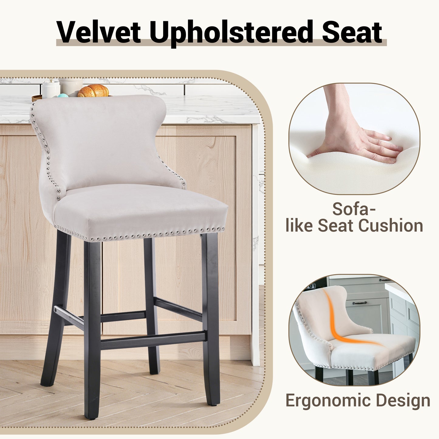 Velvet Barstools Set of 4, Contemporary Wing-Back Bar Chairs with Button Tufted and Chrome Nailhead Trim, Leisure Upholstered Bar Height Bar Stools with Wooden Legs, Beige