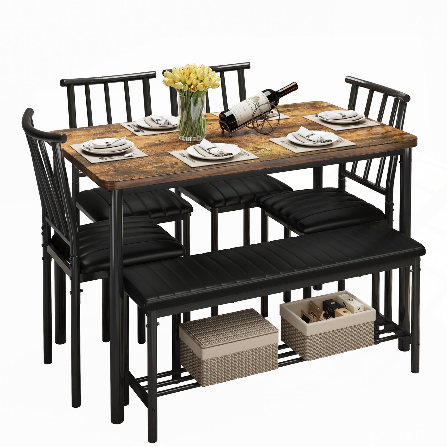 Dining Table Set for 6, Modern Faux Marble Dining Room Table Sets with 4 Leatherette Chairs&1 Bench, Rectangular Kitchen Table and Chairs Set for Apartment, Space Saves Gray Table and Leather Chairs