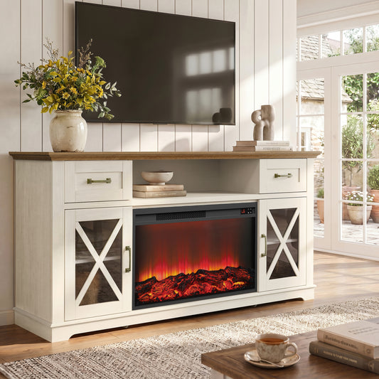 Fireplace TV Stand for 70inch TVs, LEGAHOME Modern 63" TV Stand with 30" Fireplace, Entertainment Center with Storage Drawers, Brown Tabletop and White Cabinet