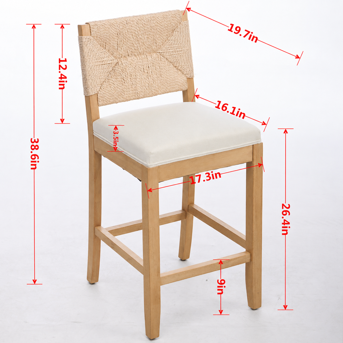 Bar Stools Sets of 2, Counter Height Bar Stools with Woven Seagrass Back, Linen Upholstered 26" Counter Stools for 35-39" Kitchen Island Counter, Beige