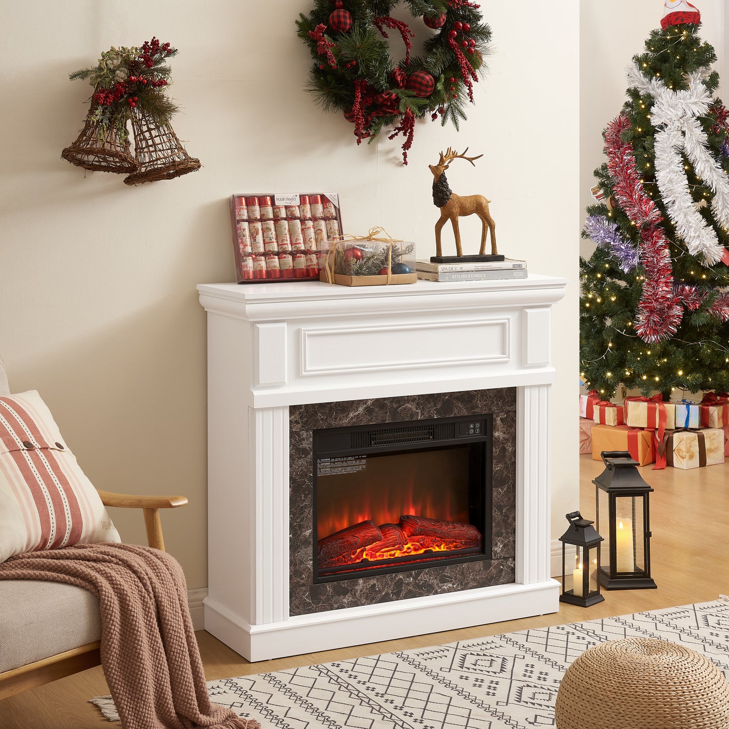 Electric Fireplace with Panel, 23'' Freestanding Fireplace Heater with Adjustable Flame, TV Stand for 42 inch TV, Living Room Bedroom, 1400W