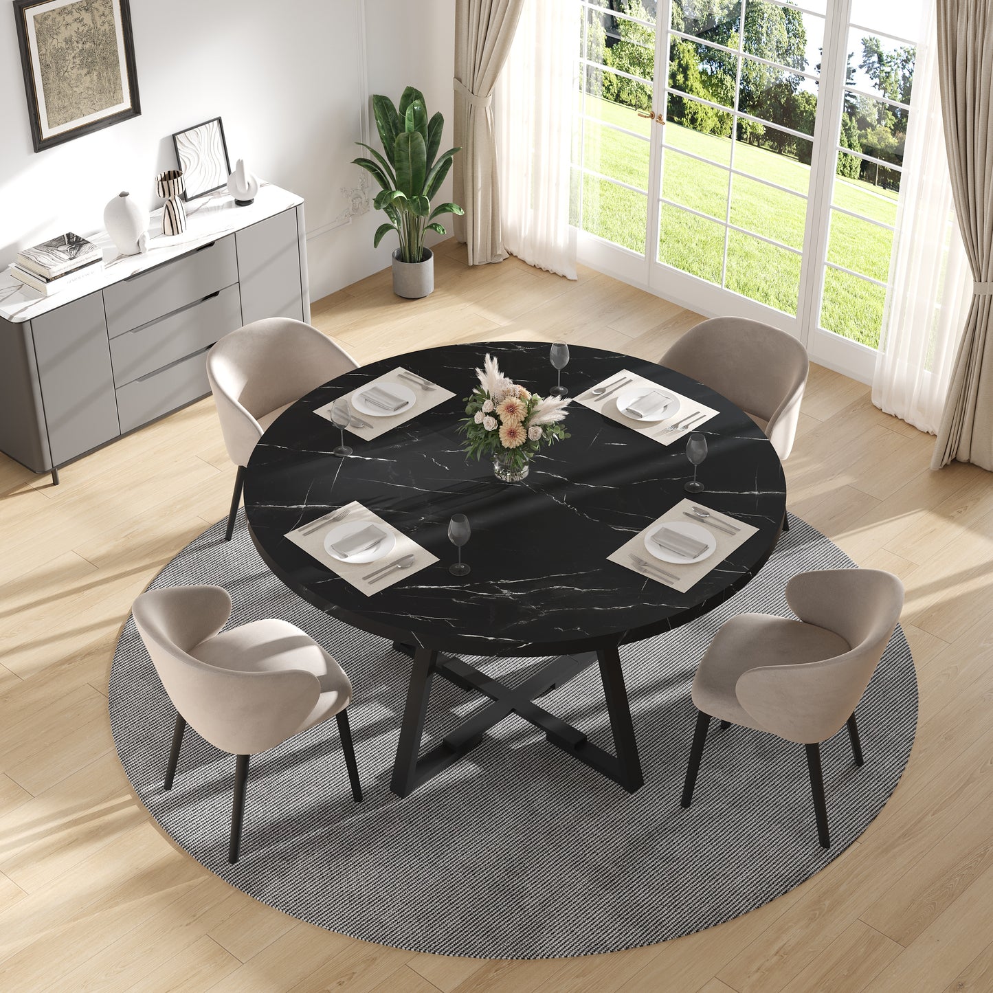 LEAGHOME 43.3in Round Dining Table for 4 Person, Faux Marble Kitchen Table with Metal Base Seats 4, Modern Dining Room Table with Storage Rack for Kitchen, White (Only Table)