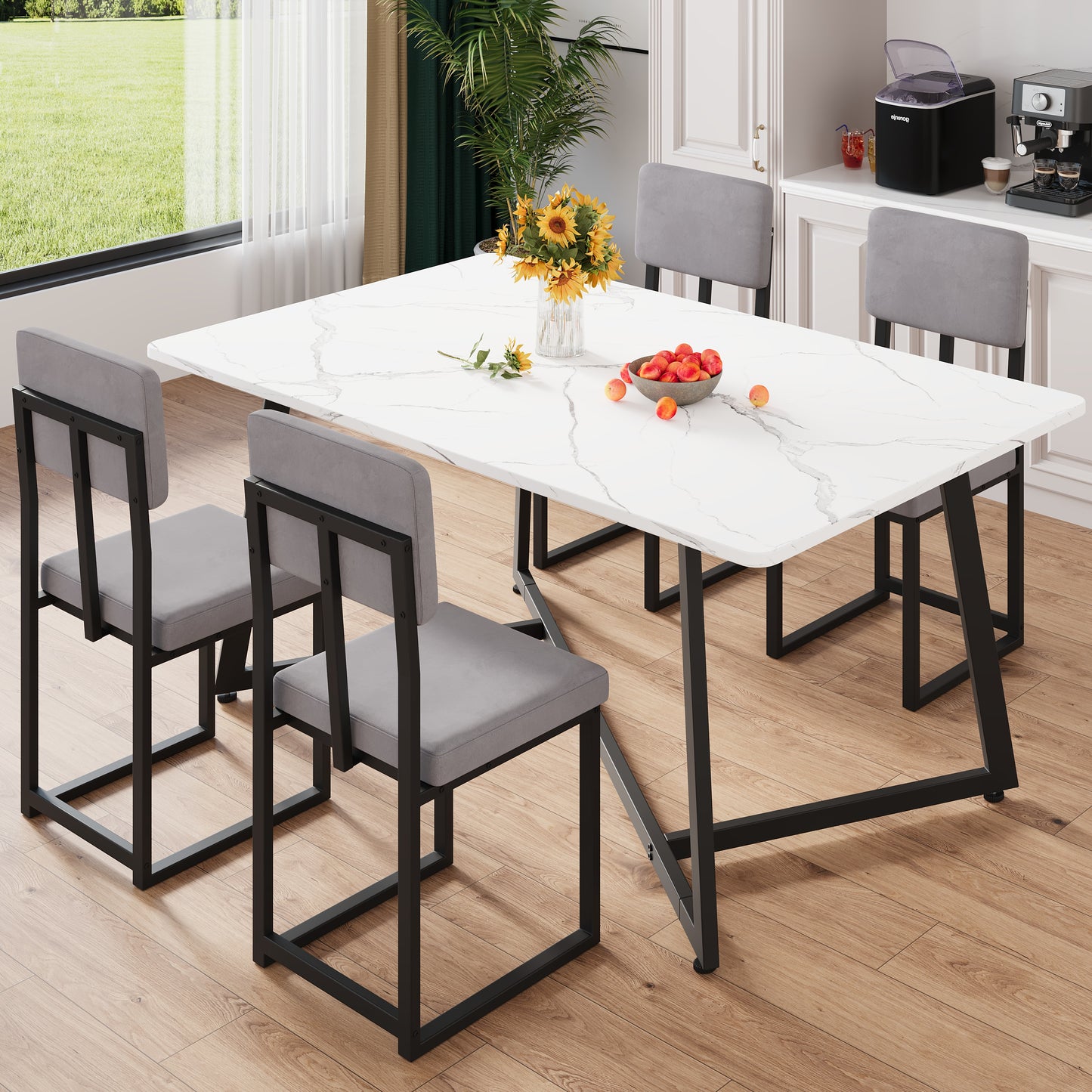Dining Table Set for 4, 5 Piece Kitchen Table and Chairs Set, Rectangle Brown Tabletop and Brown Leather Chairs Set, Small Space Dining Room Set for Apartment