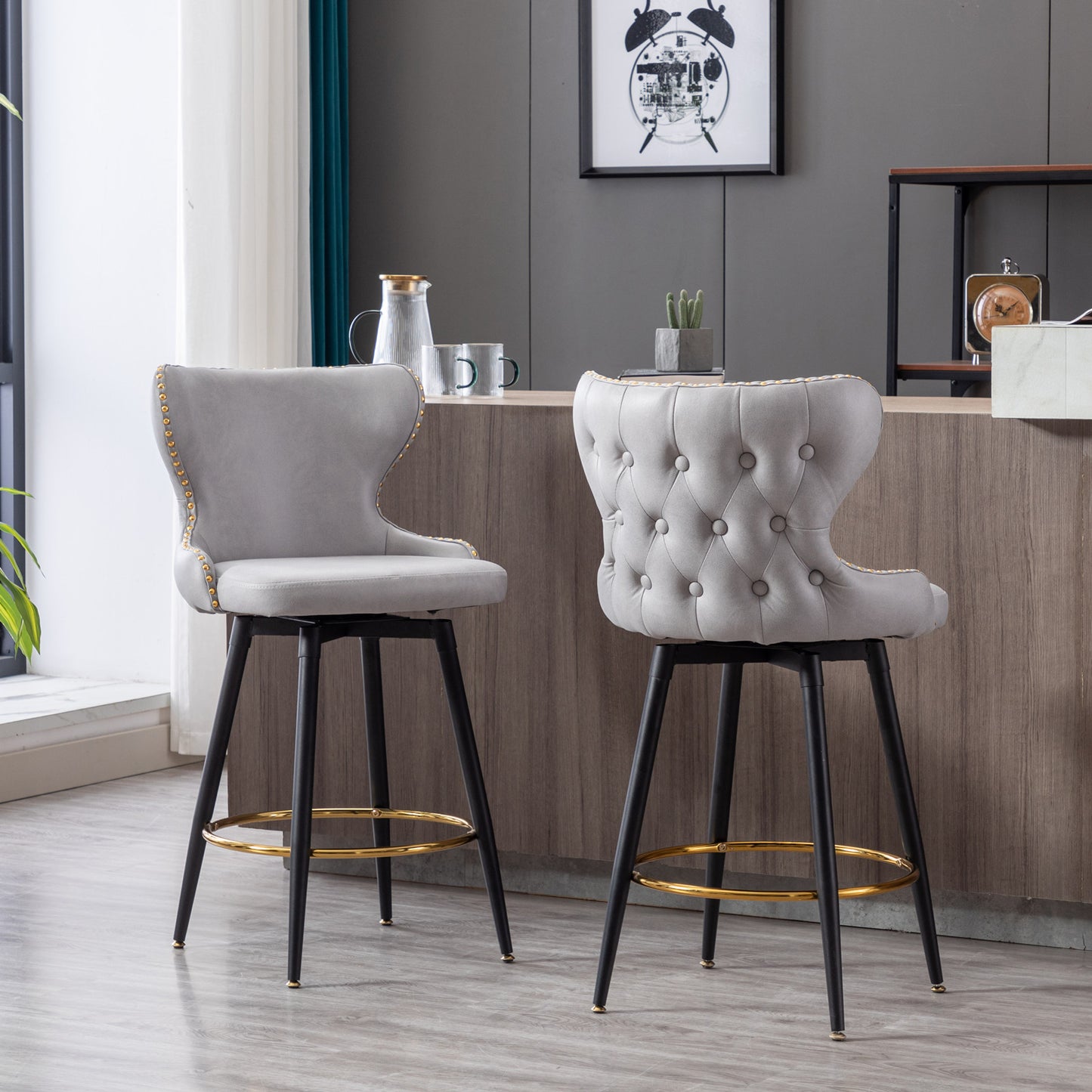 Counter Height Bar Stools Set of 2, Velvet Upholstered Bar Chairs with Nailheads & Gold Tipped Black Metal Legs, Beige