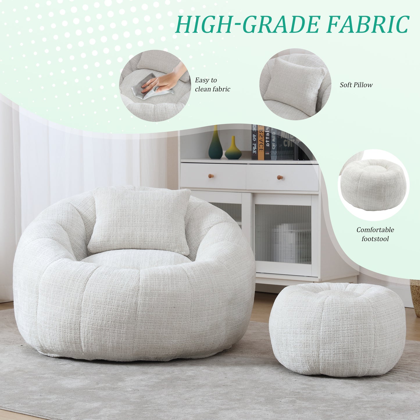 Bean Bag Chair with Ottoman, Legahome Large Bean Bag for Adult, Chenille Lazy Floor Sofa with Pillow, Pumpkin Shaped Bean Bag Chair, Reading Chair for Living Room, Bedroom, Beige