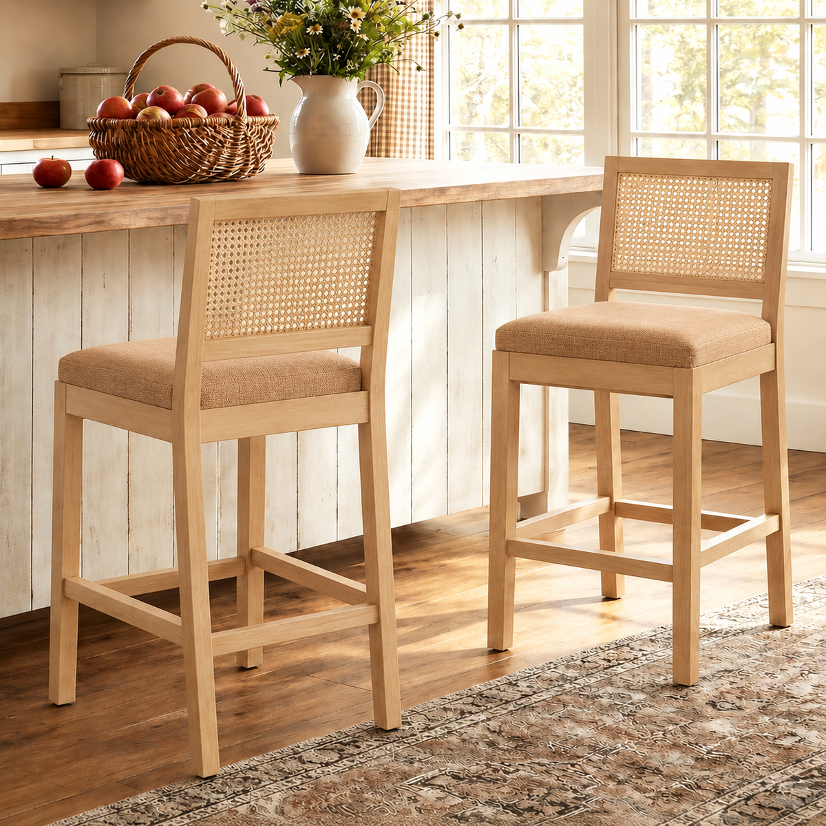 Bar Stools Set of 2, Legahome 28" Bar Height Bar Stool, Farmhouse Linen Upholstered Bar Stool with Rattan-Back, Boho Solid Wood Bar Stools Set for Kitchen Island Dining Room