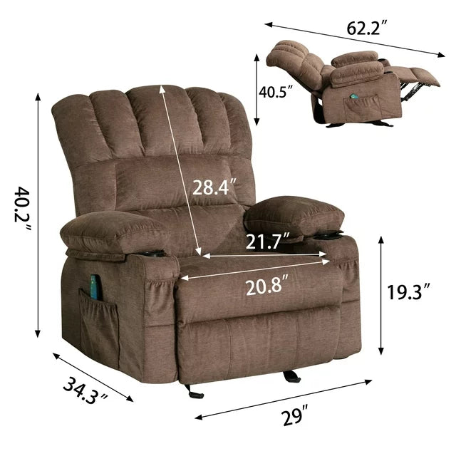 LegaHome Massage Recliner Chair, Brown Fabric Manual Reclining Sofa with Heat Therapy, Massage Function, Rocking Function, Cup Holder and Side Pocket, Heavy Duty Rocker Sofa for Elderly Home Theater