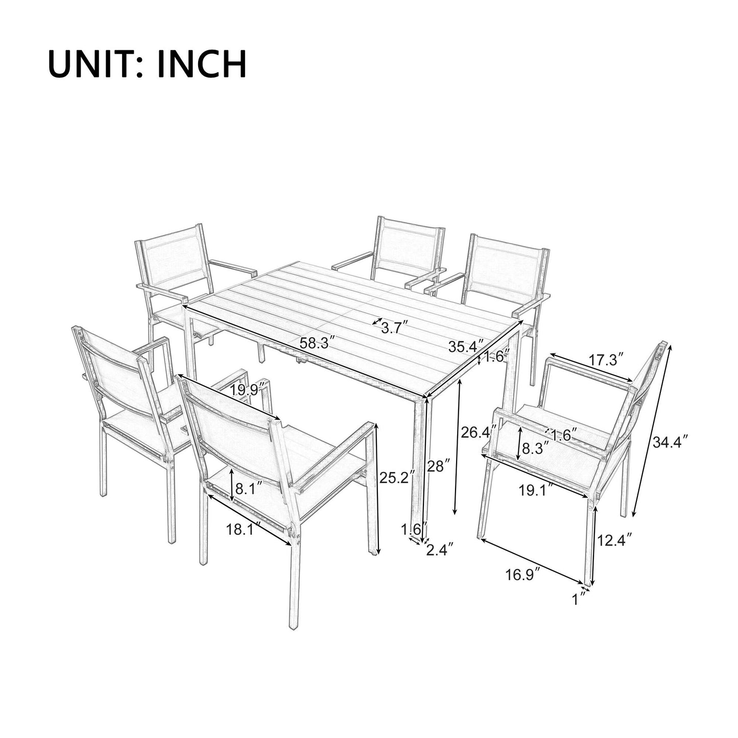 7 Pieces Outdoor Furniture Set, Legahome Modern Outdoor Patio Dining Sets, Patio Dining Furniture Set with 6 Textile Chairs and Dining Table, Patio Conversation Set for Backyard Poolside, Gray