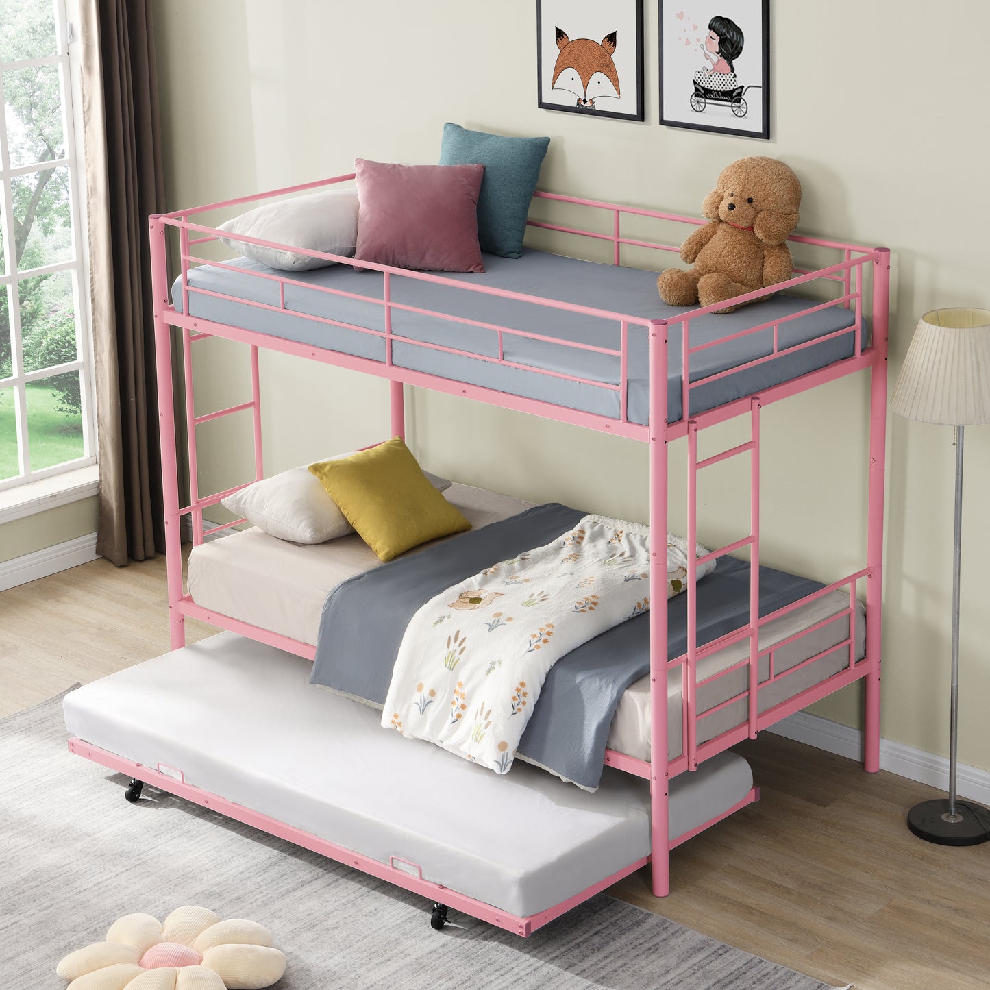 Twin Over Twin Bunk Bed with Trundle, Heavy Duty Metal Bunk Bed for Kids, Convertible Kids Bunk Beds for Small Rooms, No Box Spring Needed, White