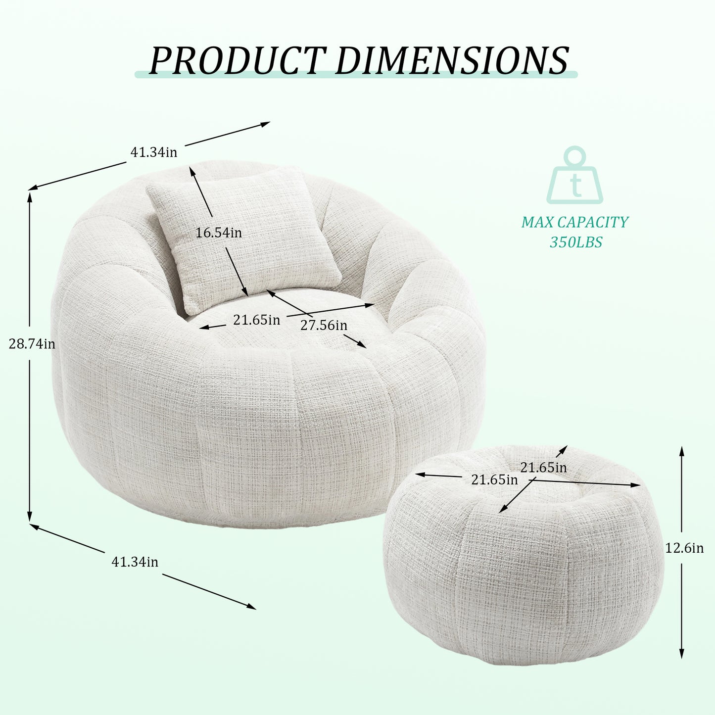 Bean Bag Chair with Ottoman, Legahome Large Bean Bag for Adult, Chenille Lazy Floor Sofa with Pillow, Pumpkin Shaped Bean Bag Chair, Reading Chair for Living Room, Bedroom, Beige