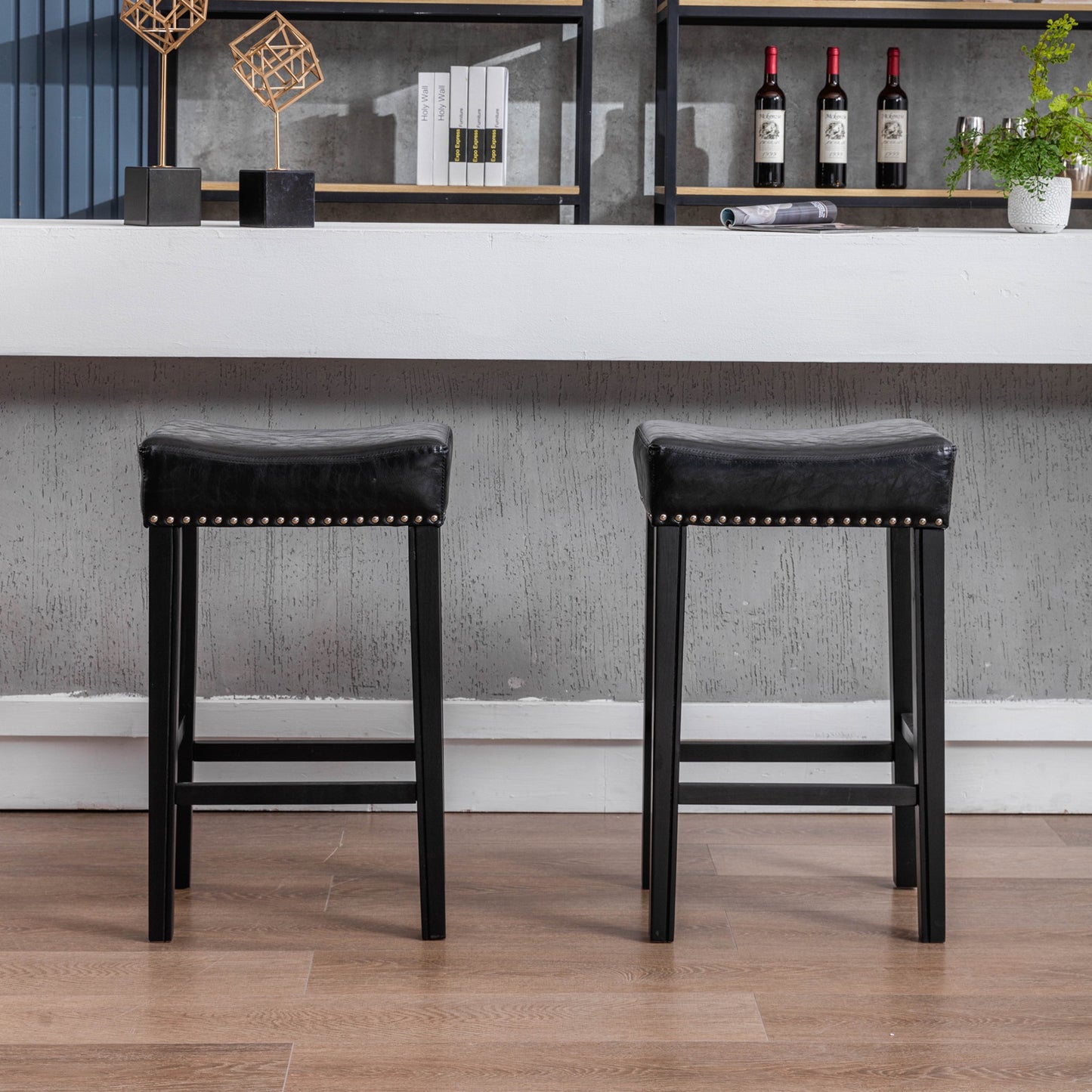 29" Bar Stools Set of 2, Faux Leather Backless Counter Height Barstools, Farmhouse Island Chairs for Kitchen, Brown