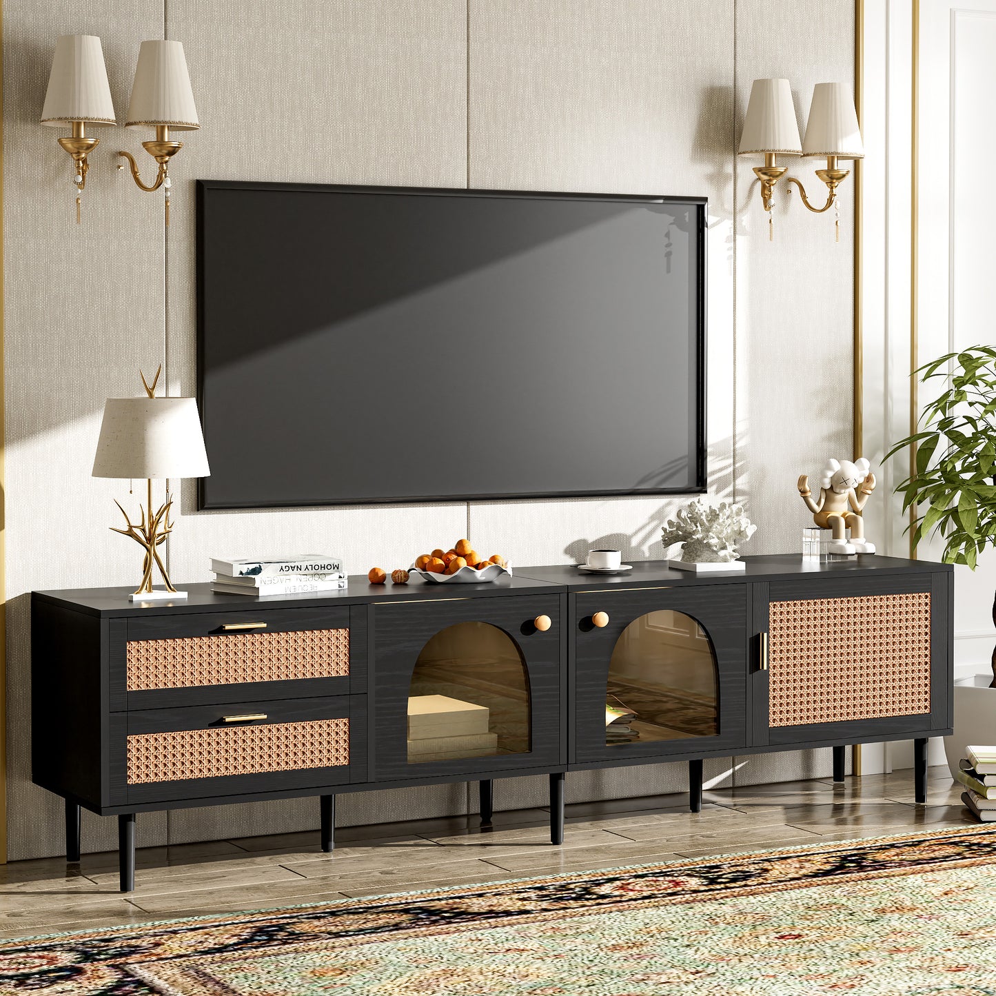 PORKISS TV Stand for 80 Inch TV, Modern TV Cabinet with Glass Doors and 2 Storage Drawers, Wood Top, Media Console Table Entertainment Center for Living Room, Black