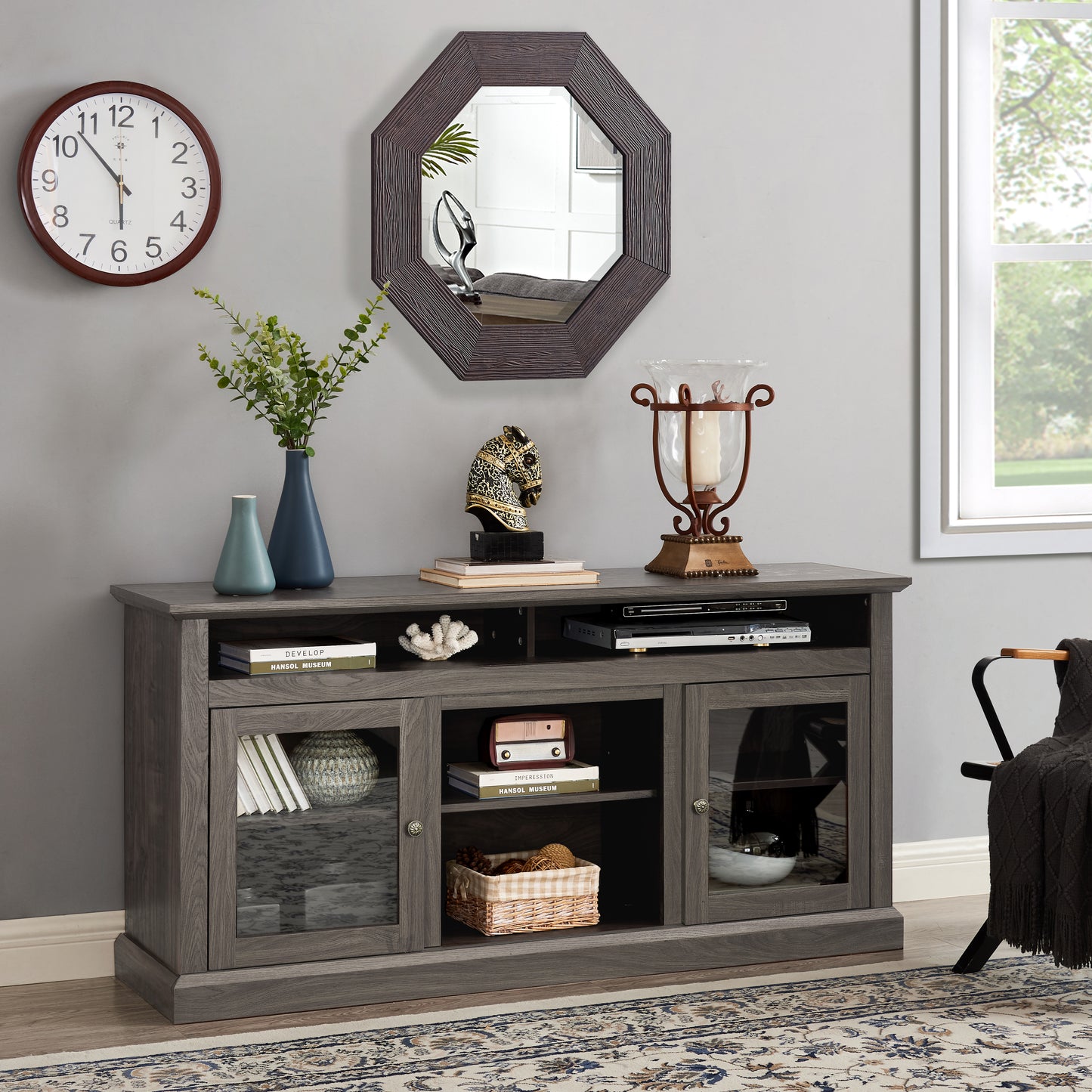 LegaHome Farmhouse TV Stand, Modern Entertainment Door TV Cabinet for 65 Inch TV, Wooden TV Console Table with Open and Closed Storage Space, Media Console Table for Living Room, Gray Wash