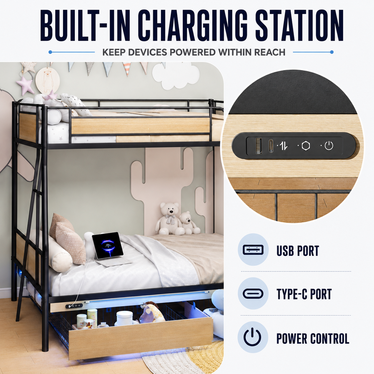 Twin Over Full Bunk Beds, LEGAHOME Heavy-Duty Metal Bunk Bed with 2 Drawers, Charging Station and LED Lights, 350lbs Capacity Space-Saving Bunk Beds for Teens, Black