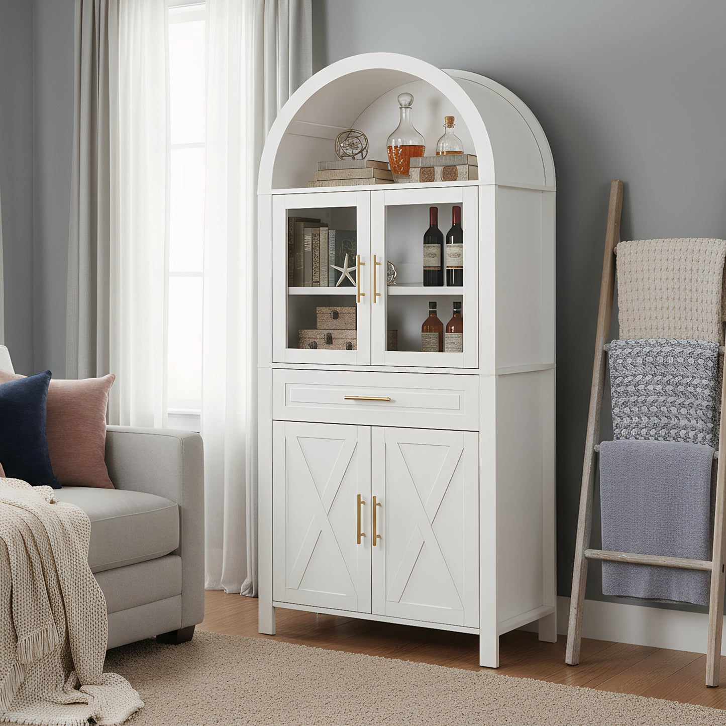 71'' Tall Arched Pantry Storage Cabinet, Legahome Kitchen Pantry with 1 Drawer & 9 Shelves & 4 Doors & Adjustable Shelves, Kitchen Pantry Storage Cabinet for Dining Living Room, White
