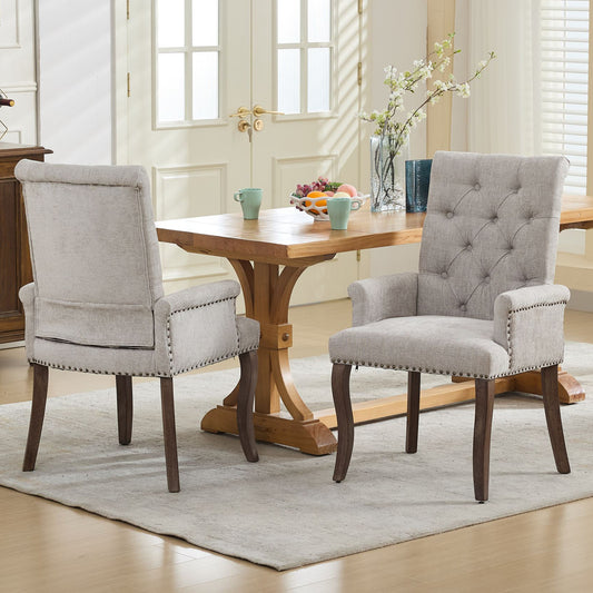 Dining Chair Set of 2, Legahome Mid Century Accent Chairs with Button Tufted & Curved Wooden Legs, Chenille Upholstered Arm Chair Accent Chair, Kitchen & Dining Room Chairs Set, Beige
